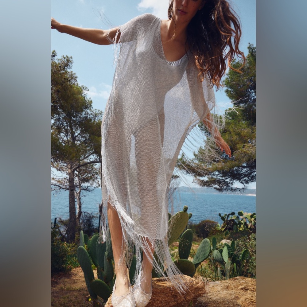 Zara FRINGED METALLIC THREAD KAFTAN DRESS. Silver. Size M. New with Tags.